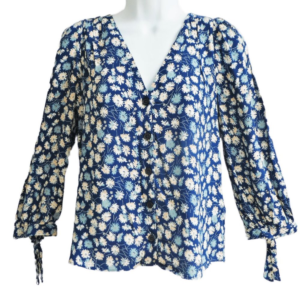 Madewell Blue Floral Top Blouse Button Front Tie Sleeves V Neck Viscose XS